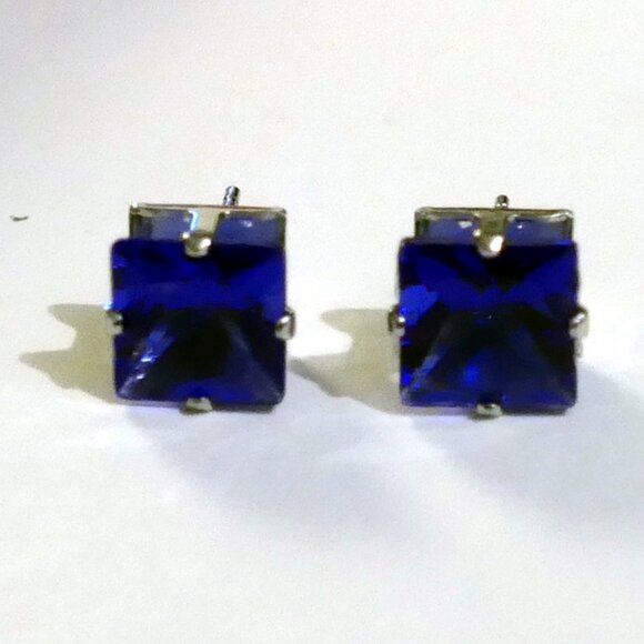 Blue Sapphire Square Cut Stud Earrings - Picture 1 of 6